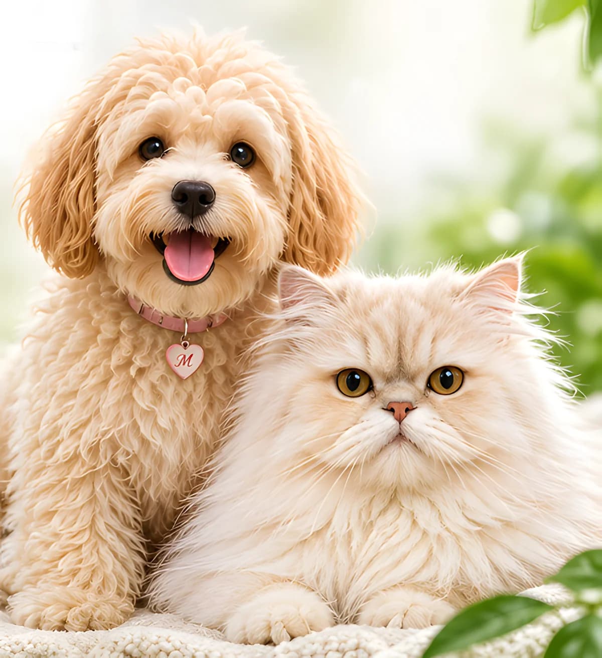 สุนัขพุดเดิ้ลขนฟูนั่งคู่กับแมวเปอร์เซียบนผ้าห่มนุ่ม