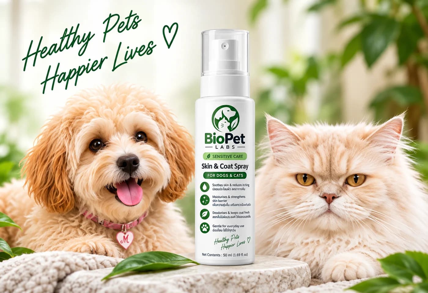 BioPet LABS Skin & Coat Spray วางคู่กับสุนัขและแมว